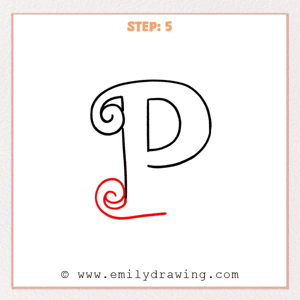 how to draw a fancy letter p - Step 5 of a fancy letter P, adding a small bottom spiral and a long rightward tail flourish at the stem’s base.
